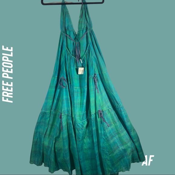 FREE PEOPLE TATTERSALL GREEN SEA BLUE SILK MAXI DRESS NWT NEW MEDIUM - Picture 2 of 14